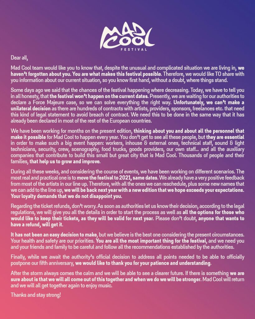 Madrid MadCool Mad Cool festival 2020 cancelled