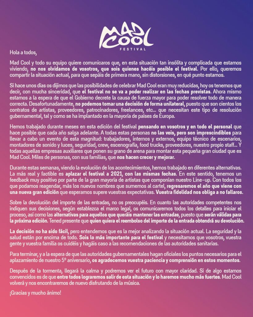 Mad Cool festival 2020 cancelled