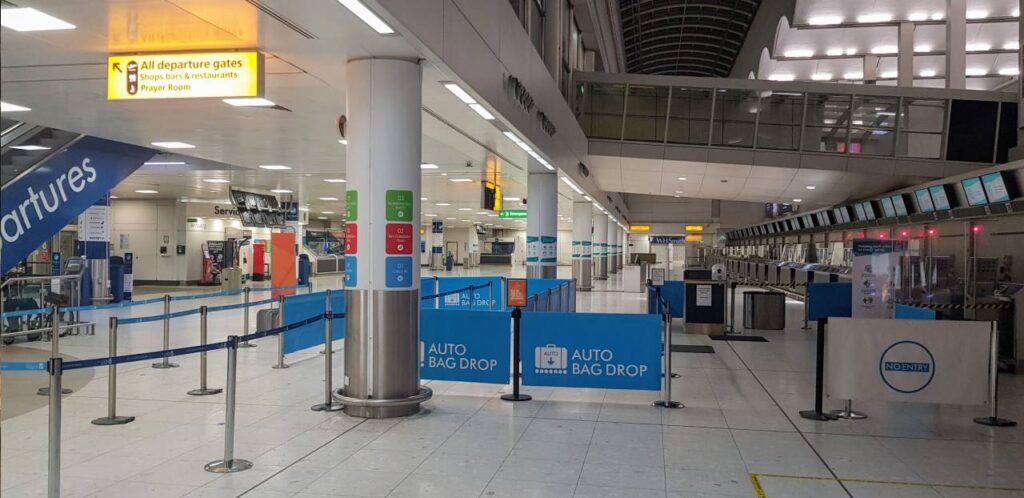 Check-in at Glasgow airport - deserted through Coronavirus